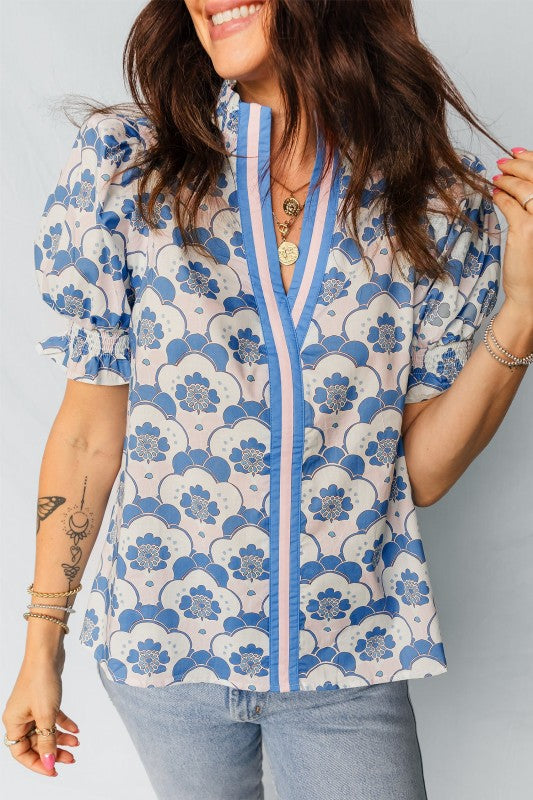 Floral V-Neck Flounced Short Sleeve Blouse