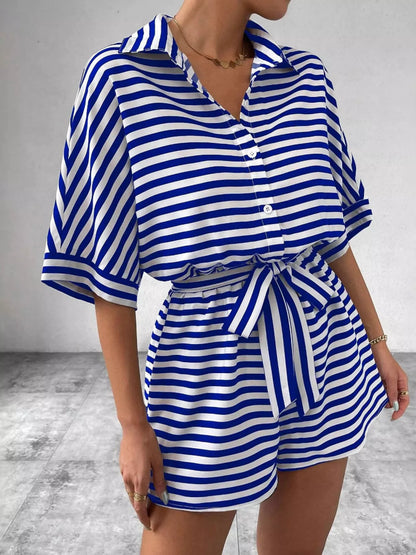 Striped Button Front Half Sleeve Romper
