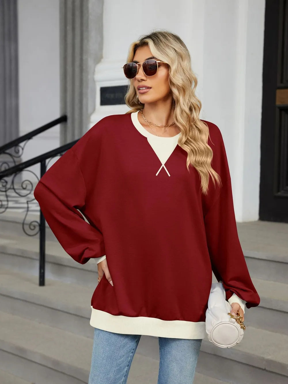 Contrast Round Neck Long Sleeve Sweatshirt