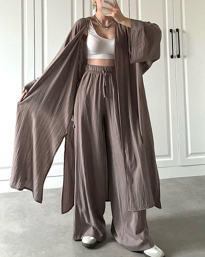 Casual long cardigan slit two-piece set