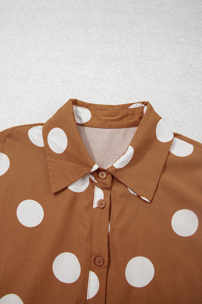 Brown Polka Dot Button Front Long Sleeve Shift Dress