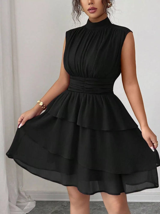 Sleeveless Mock Neck Layered Ruffle Dress