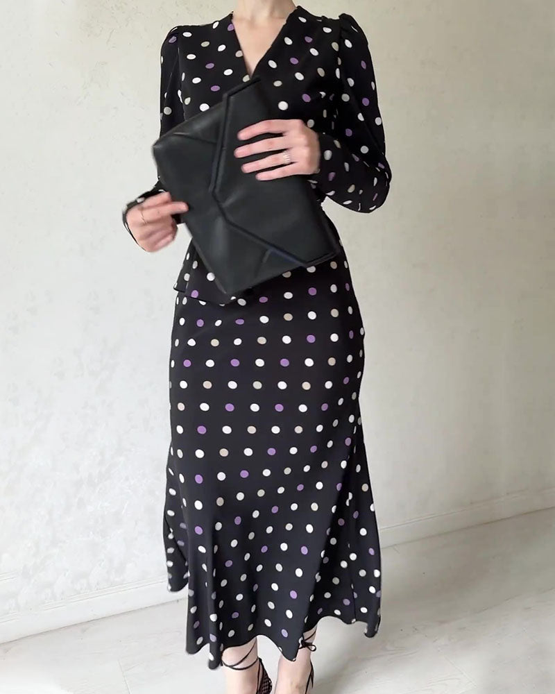 French polka dot V-neck tie waist dress