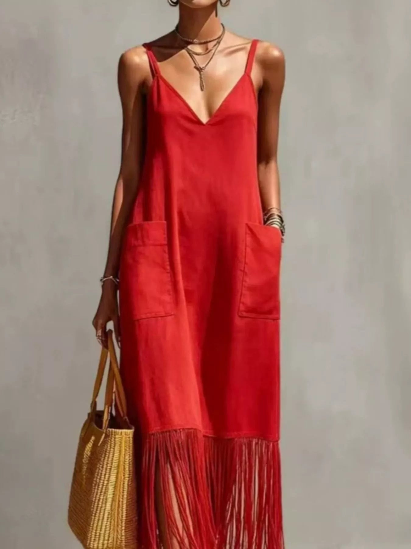 Full Size Fringe Spaghetti Strap V-Neck Dress Plus Size