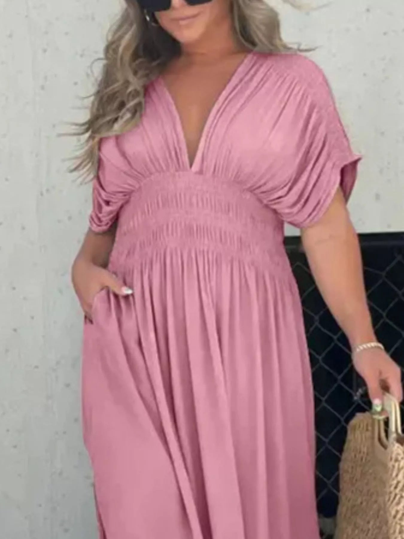 Full Size Slit V-Neck Smocked Waist Maxi Dress Plus Size