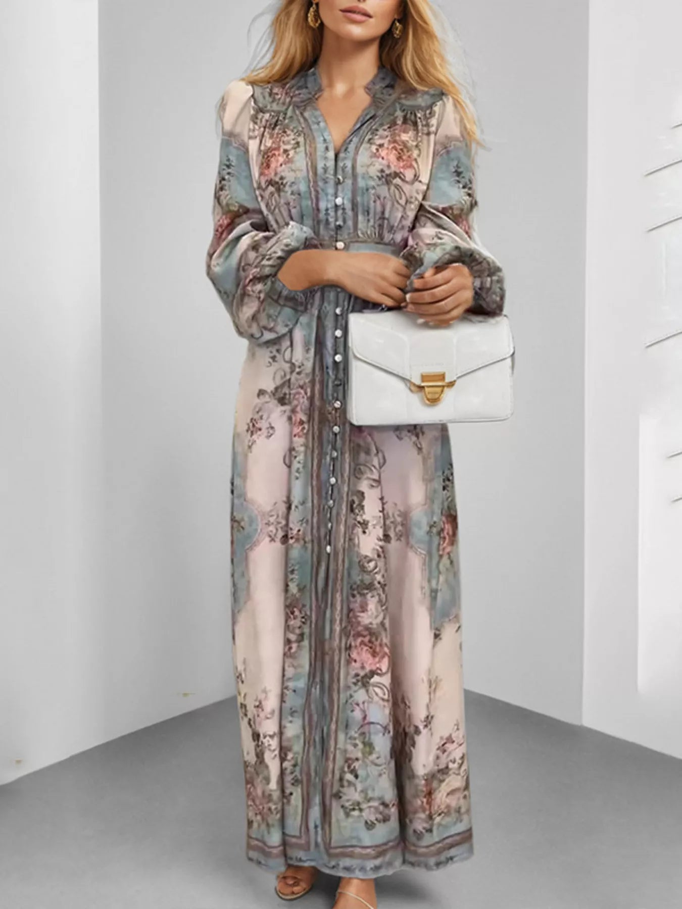 Full Size Floral Print Maxi Dress with Puff Sleeves Plus Size