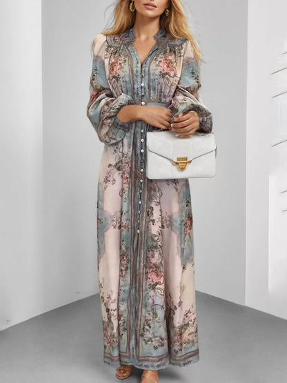 Full Size Floral Print Maxi Dress with Puff Sleeves Plus Size