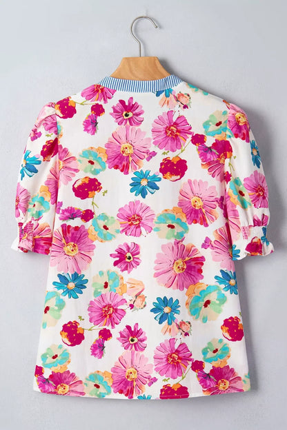 Floral Print Short Puff Sleeve Striped Trim V Neck Blouse