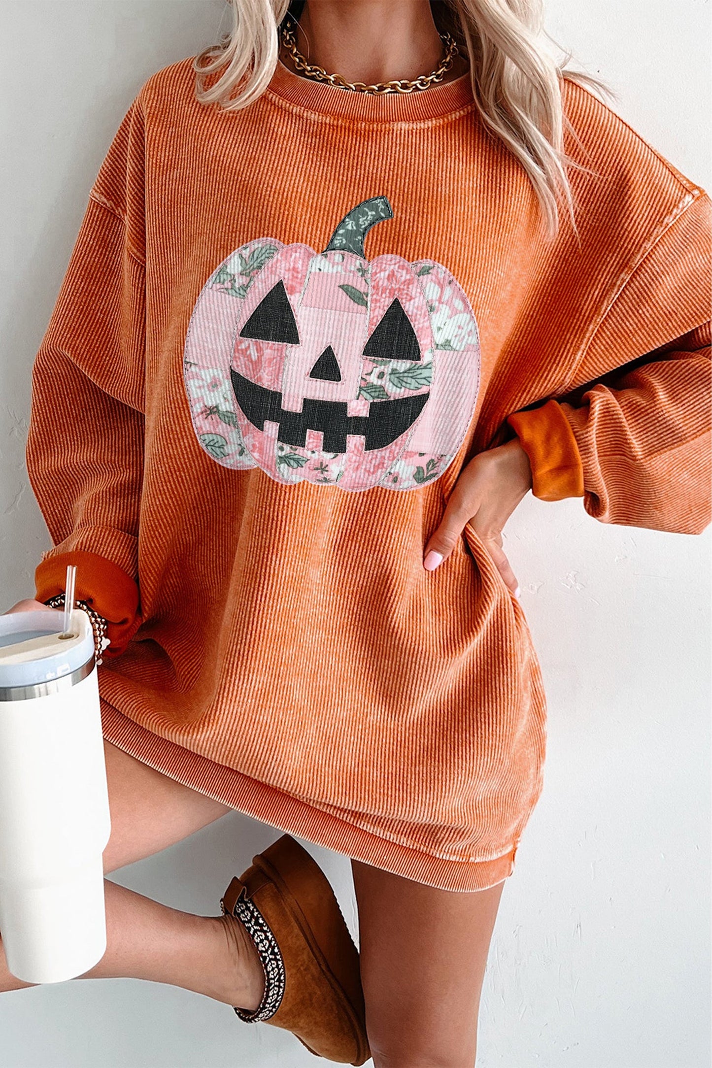 Orange Patchwork Pumpkin Graphic Corded Ribbed Round Neck Tunic Sweatshirt