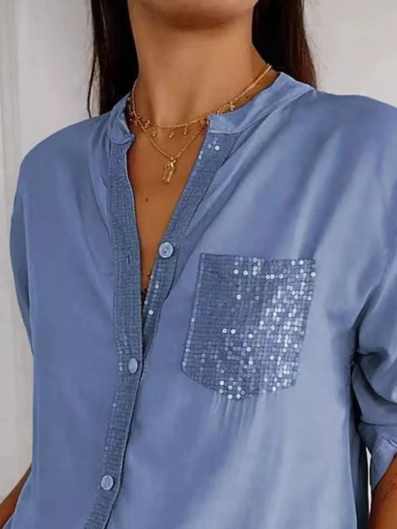 Full Size Sequin Detail Button-Down Shirt Plus Size