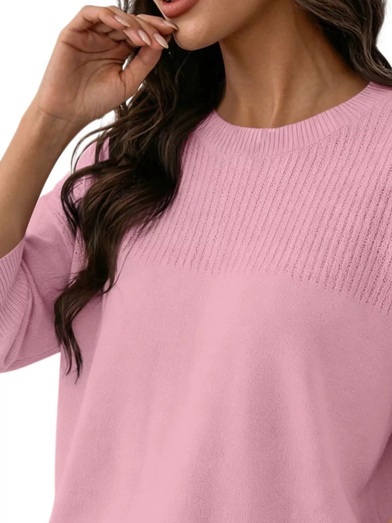 Elegant Crew Neck Eyelet Ribbed Sweater
