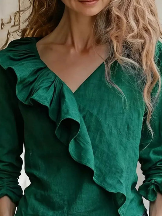 V-Neck Ruffled Long Sleeve Blouse