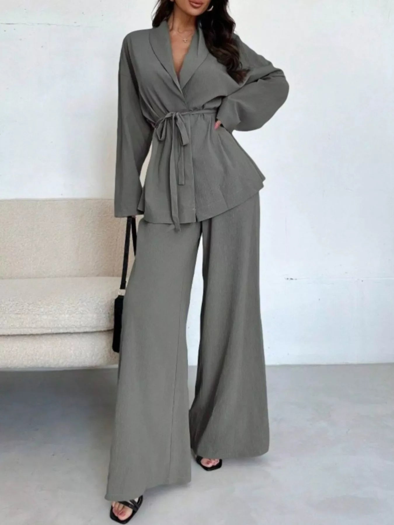 Textured Tie Waist Top and Wide-Leg Pants Set
