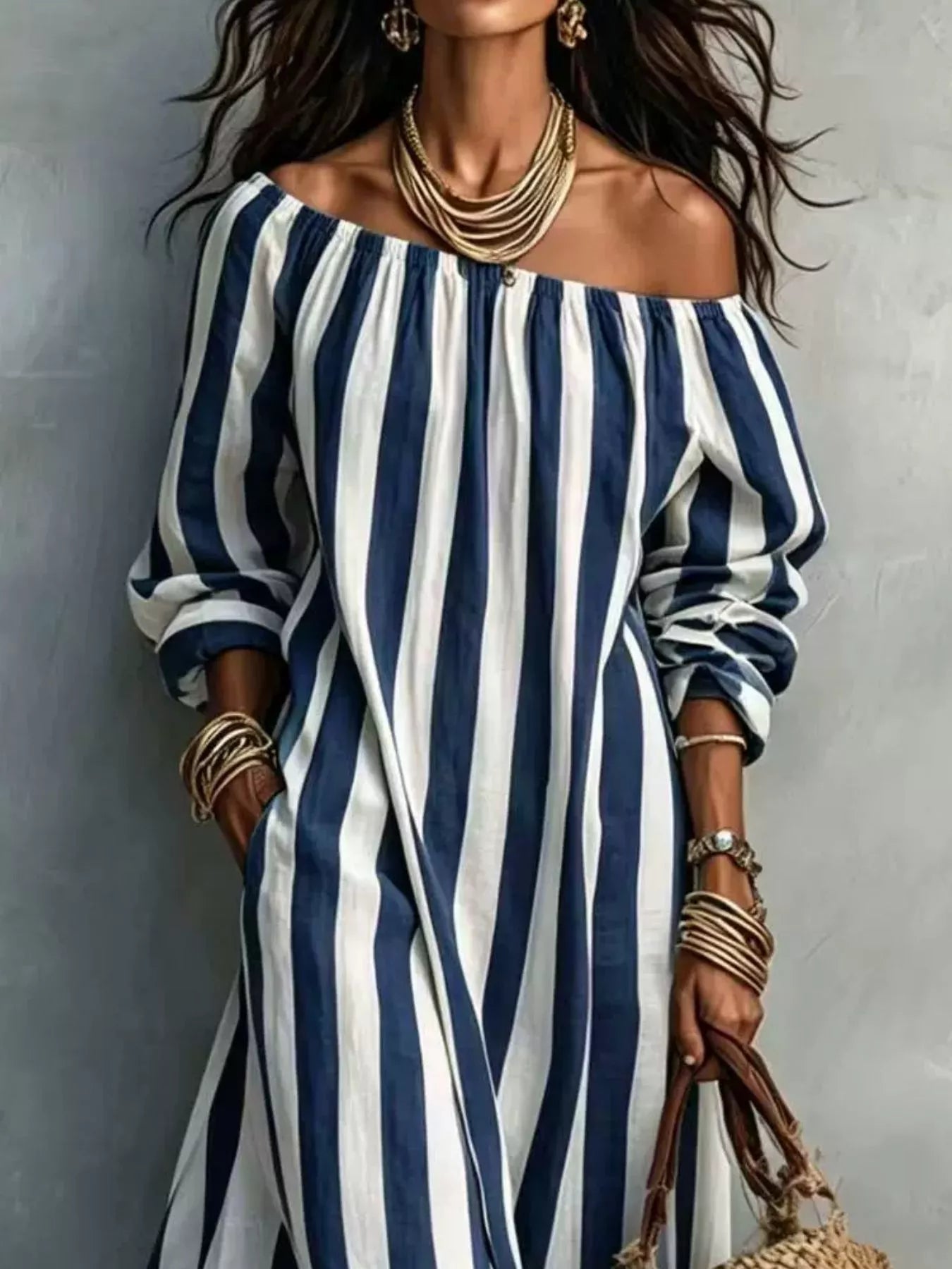 Off-Shoulder Striped Dress with Pockets
