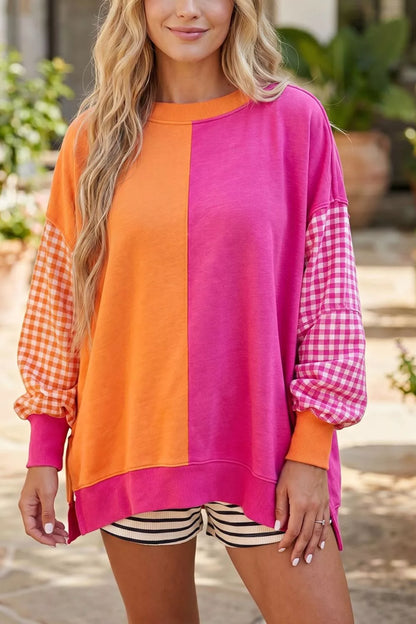 Colorblock Gingham Sleeve Sweatshirt for Women