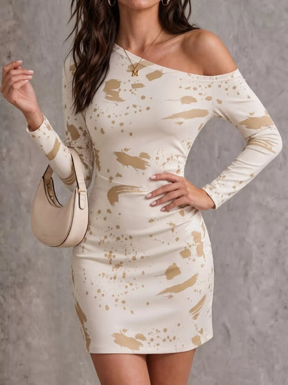 One-Shoulder Long Sleeve Paint Splatter Bodycon Mini Dress