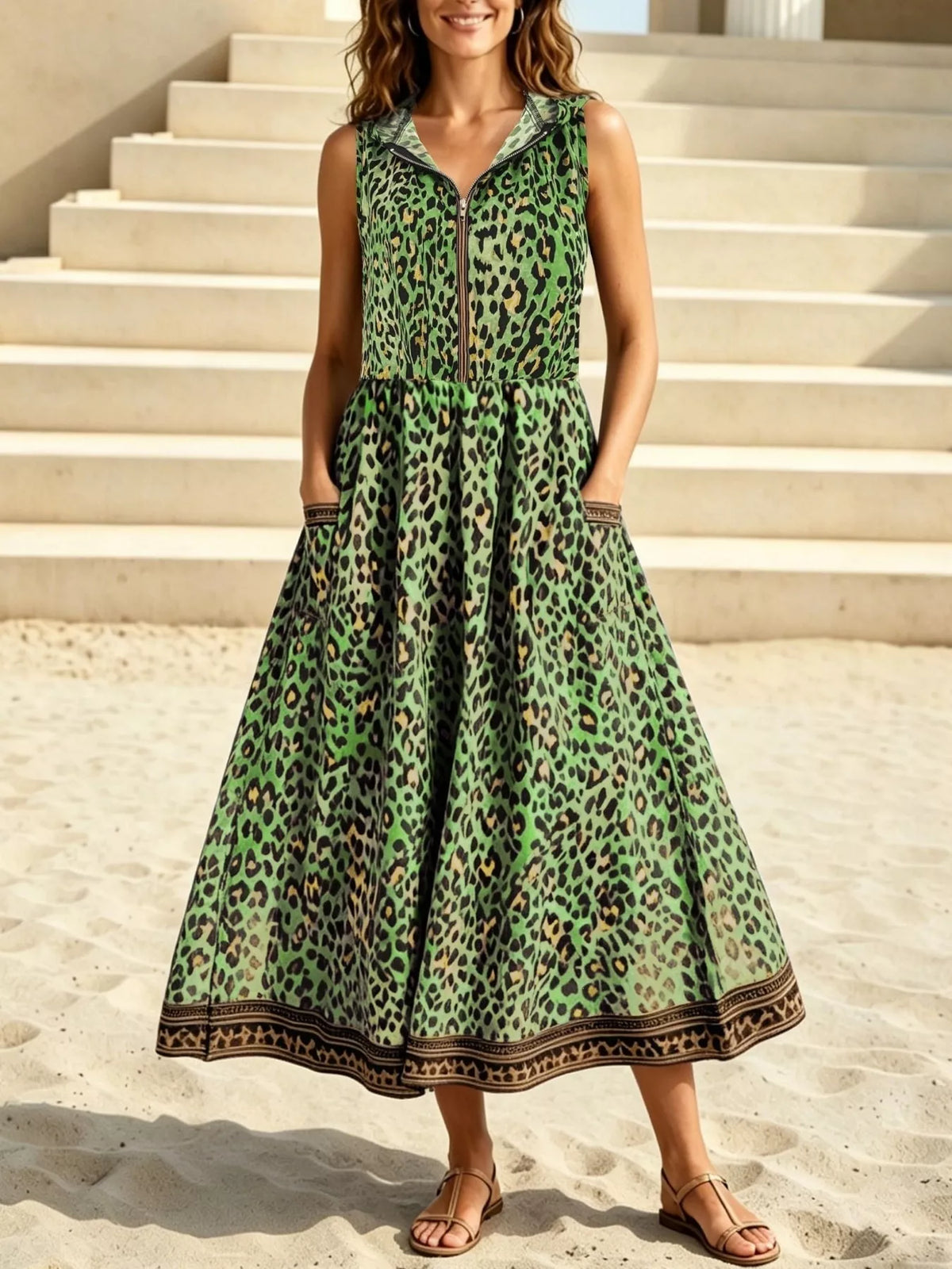 Leopard Zip Front Hooded Dress