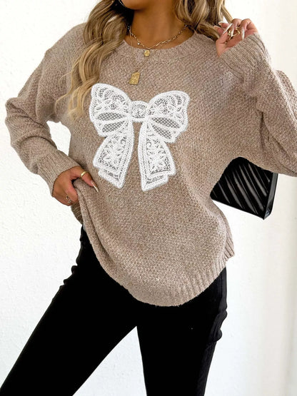 Lace Bow Embroidered Round Neck Sweater