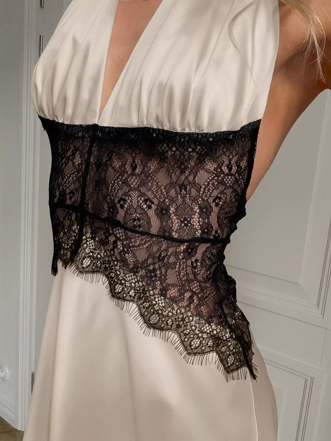 Halter Neck Lace Waist Maxi Dress