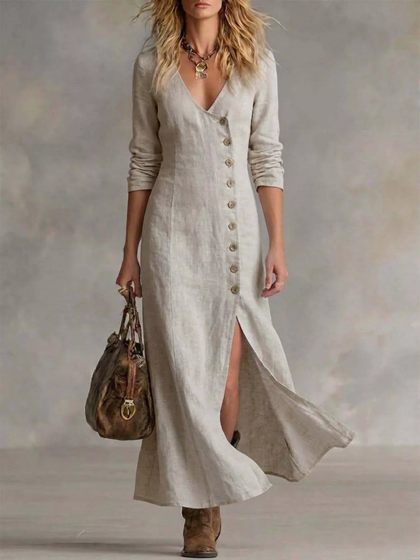 Slit Button-Down Midi Dress