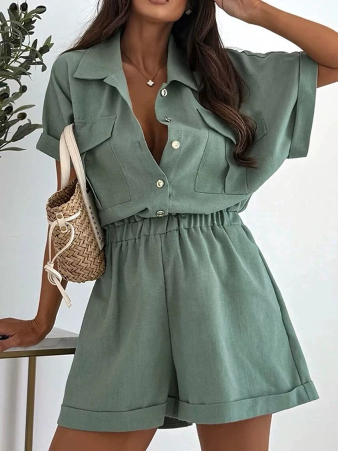 Button Front Short Sleeve Shirt and Shorts Set