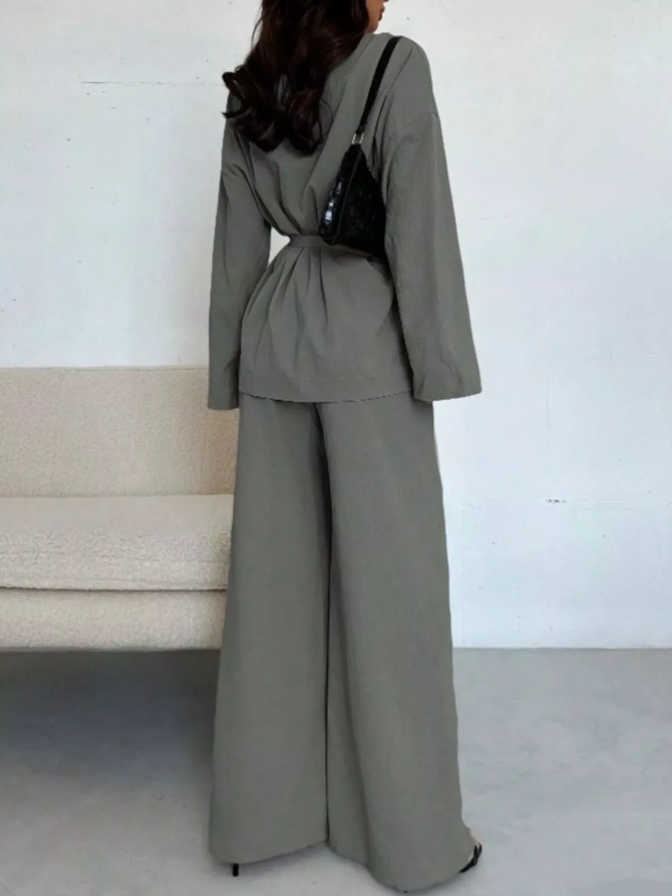 Textured Tie Waist Top and Wide-Leg Pants Set