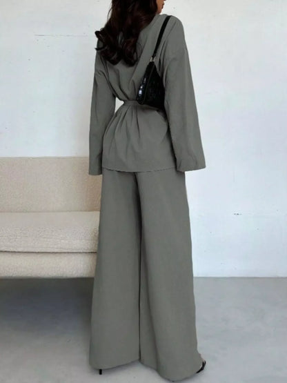 Textured Tie Waist Top and Wide-Leg Pants Set