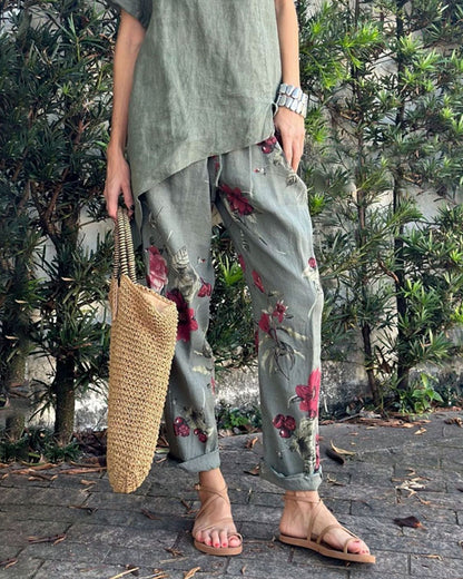 Casual Cotton And Linen Round Neck Top & Printed Pants Two-Piece Set