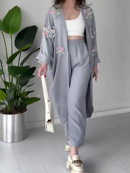 Crafted Floral Cardigan And Trousers Suit