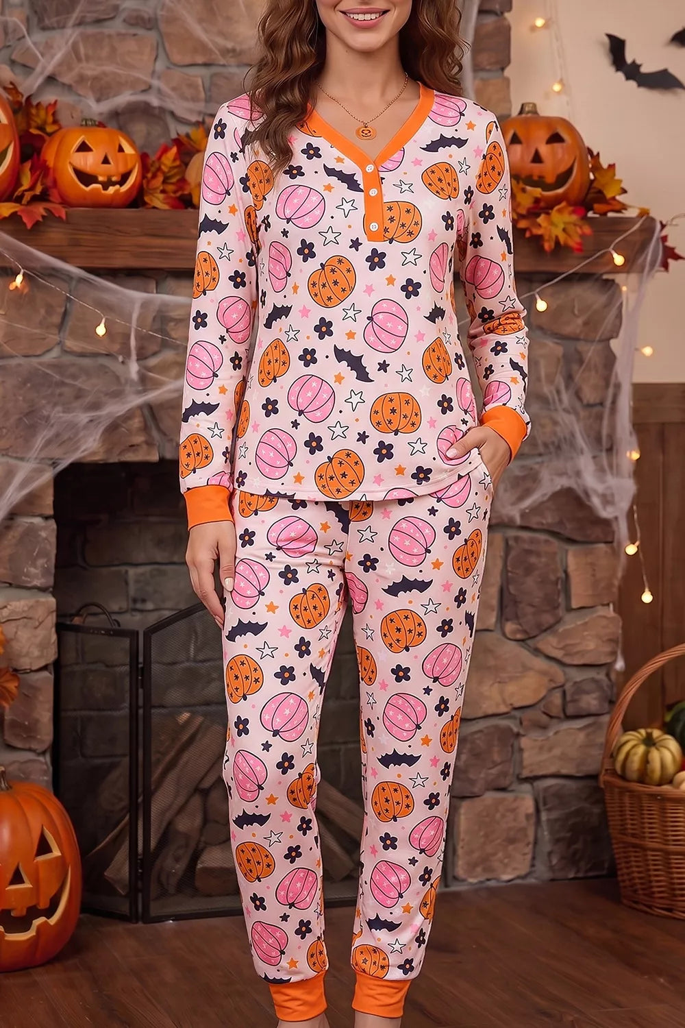 Halloween Pumpkin Print Long Sleeve Home Wear Lounge Set