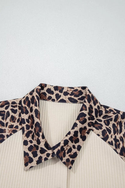 Ribbed Texture Button Down Leopard Patchwork Short Sleeve Shirt