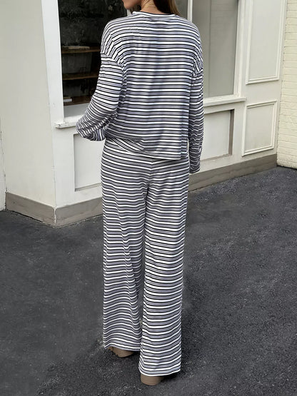 Striped Casual Long Sleeve Top and Wide Leg Pants Set