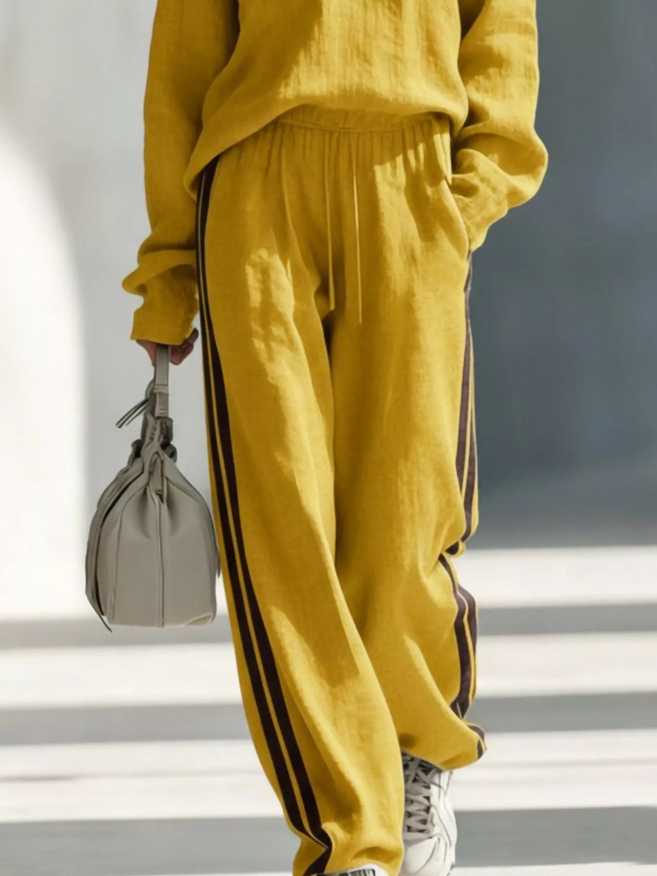 Contrast V-Neck Top and Striped Pants Set | Diva USA