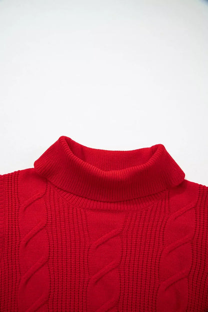 Cable Knit Turtleneck Ruffled Short Sleeve Sweater
