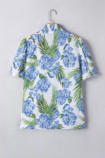 Palm Floral Print Striped Patchwork V Neck Short Sleeve Blouse