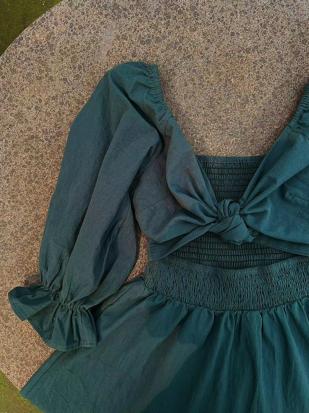 French Ruffled Lantern Sleeves Multi-wear Dress Green