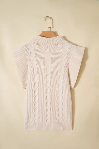 Cable Knit Turtleneck Ruffled Short Sleeve Sweater
