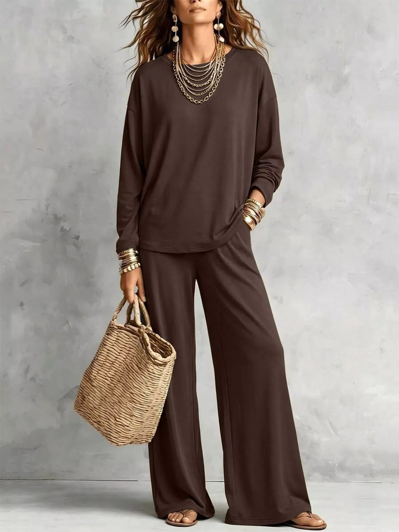 Round Neck T-Shirt and Wide-Leg Pants Set