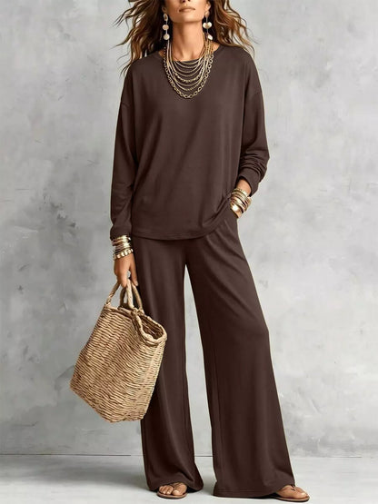 Round Neck T-Shirt and Wide-Leg Pants Set