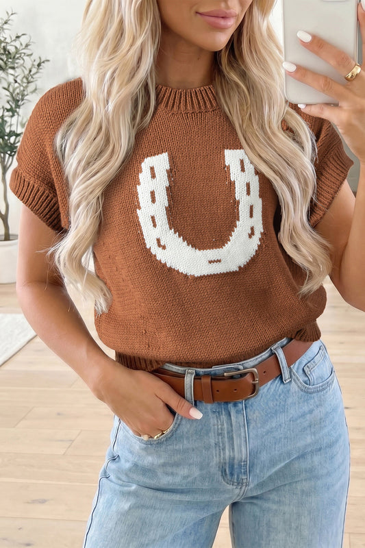 Chestnut Western Horseshoe Pattern Short Sleeve Knit Sweater