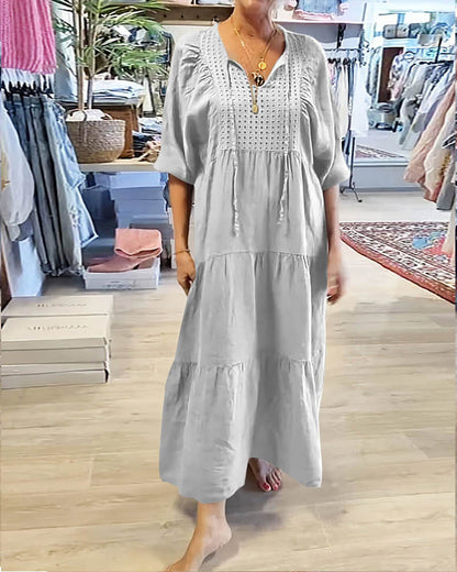 Loose V-neck Solid Color Cotton Linen Dress