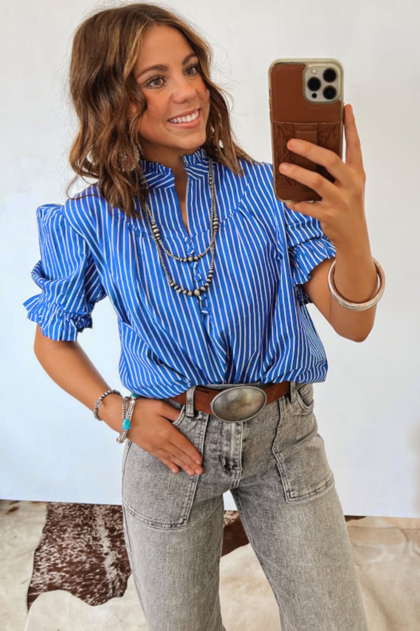 Blue Stripe Ruffled Short Puff Sleeve Button Front Blouse