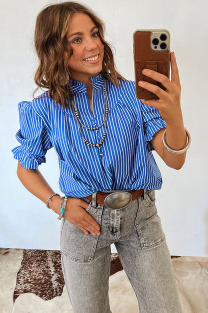 Blue Stripe Ruffled Short Puff Sleeve Button Front Blouse