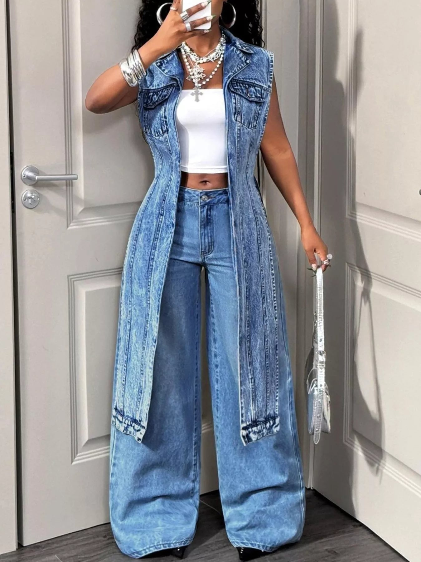 High-Low Open Front Denim Vest