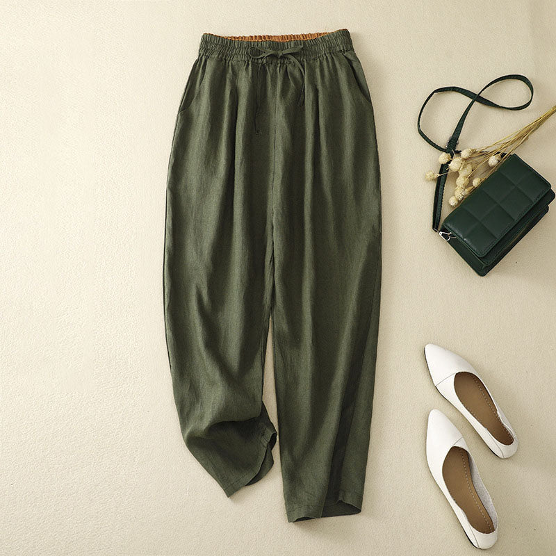 Cotton linen tie casual cropped pants