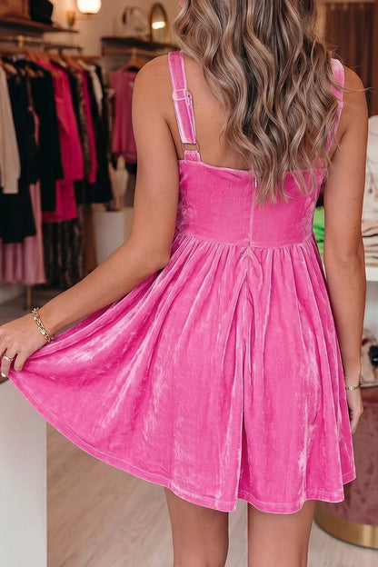 Monica's Sweet Bow Neck Adjustable Strap Velvet Mini Dress