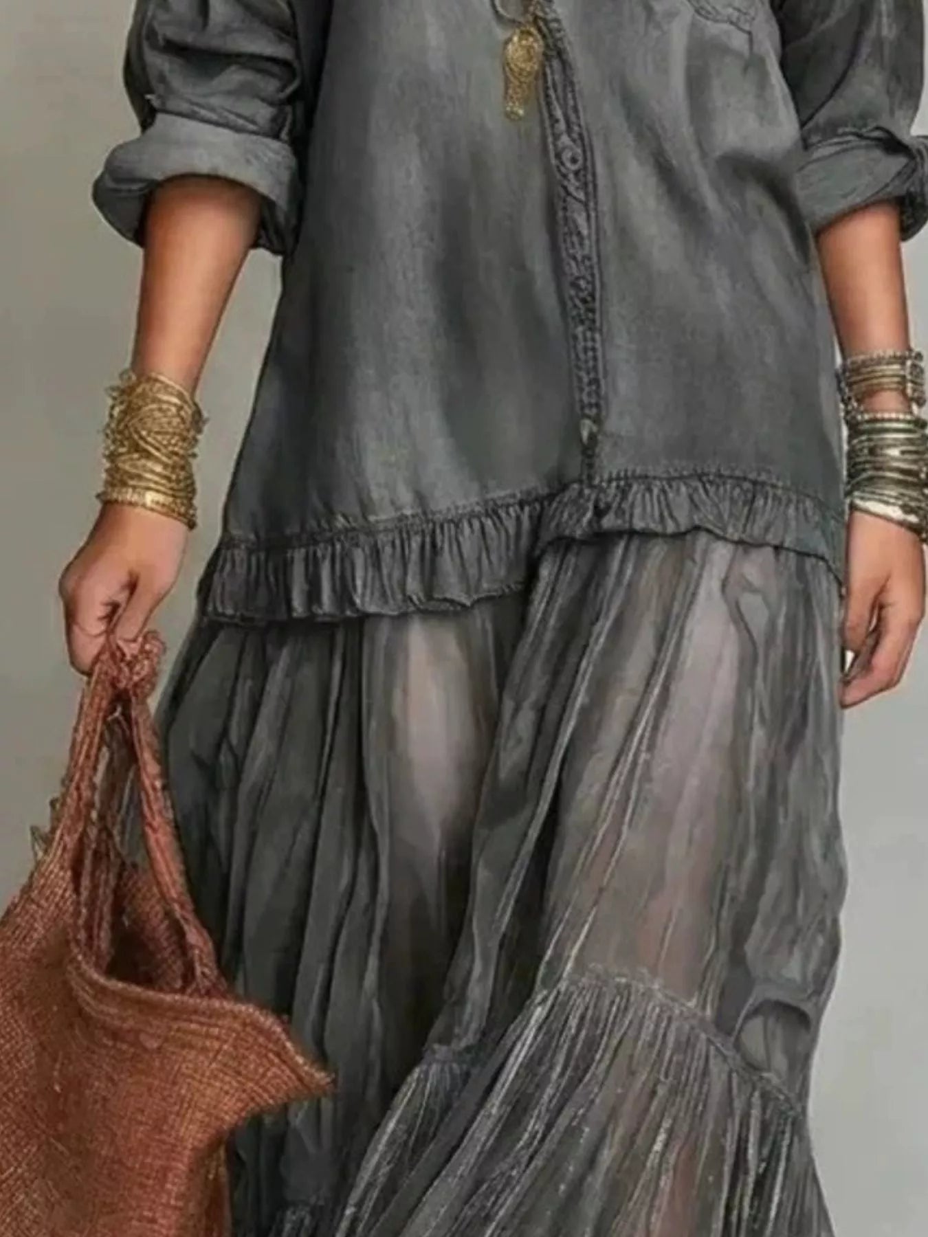 Full Size Tiered Long Sleeve Denim Shirt Maxi Dress Plus Size