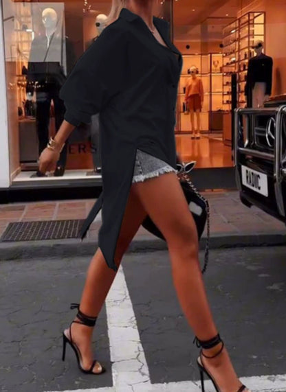 Solid color lapel slit casual shirt