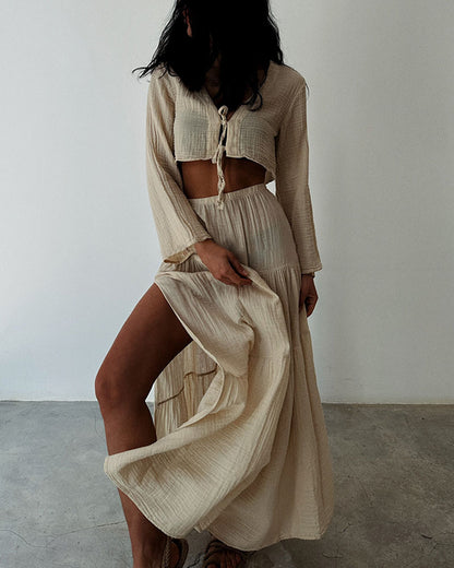 Fashionable lace-up slit cotton and linen two-piece set