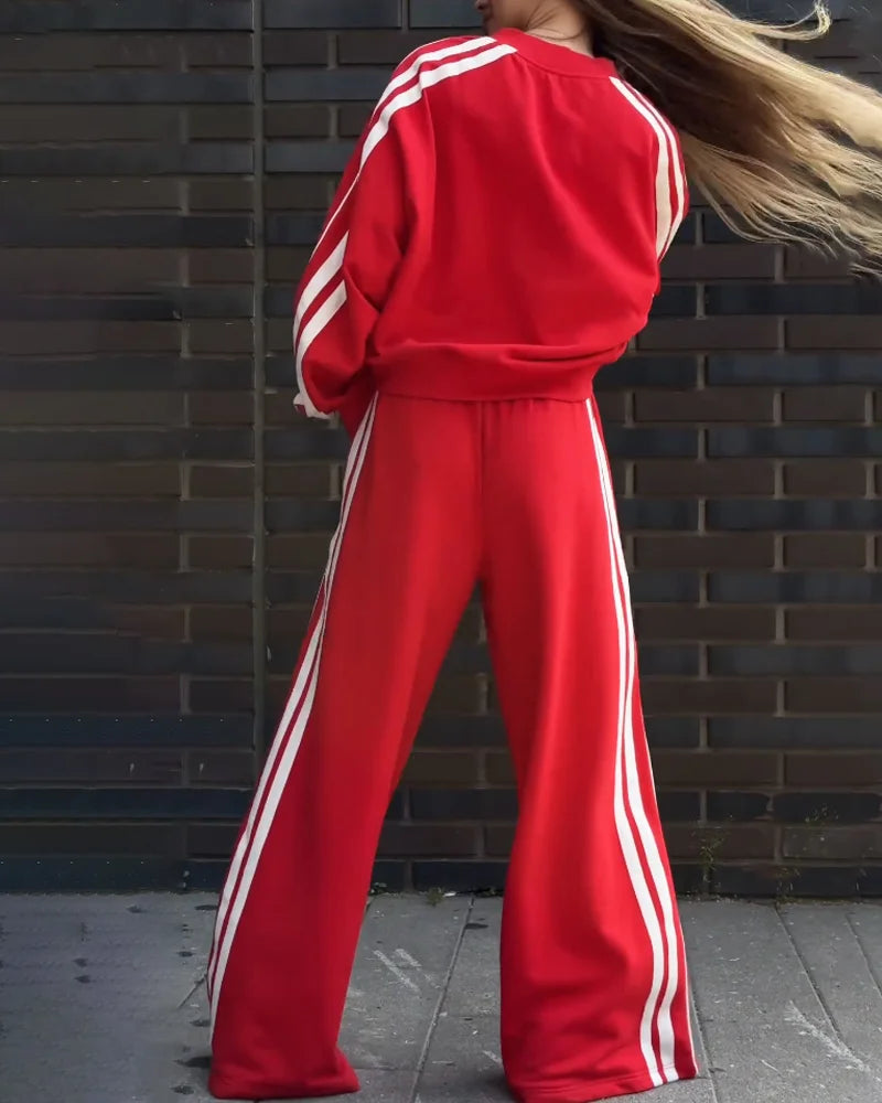 Ensemble deux pièces décontracté à rayures et col en V, sweat-shirt et pantalon large